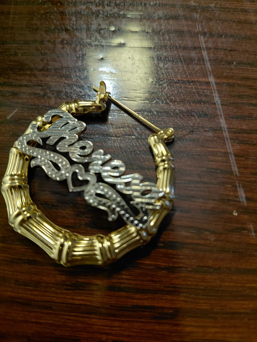 Customer photo review of Double Plated Heart Outline Bamboo Name Hoop Earrings