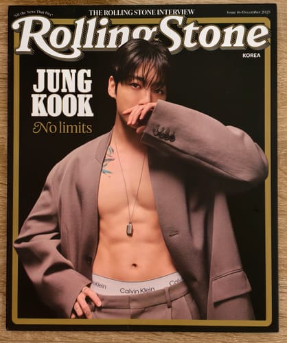 Reviewer's copy of the Rolling Stone Korea magazine, showing the cover featuring Jung Kook in an open jacket.