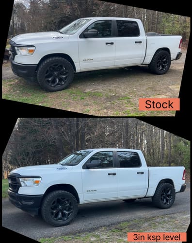 Customer's image comparing a white Ram 1500 at stock height to its new leveled stance after installing the 3" lift kit.