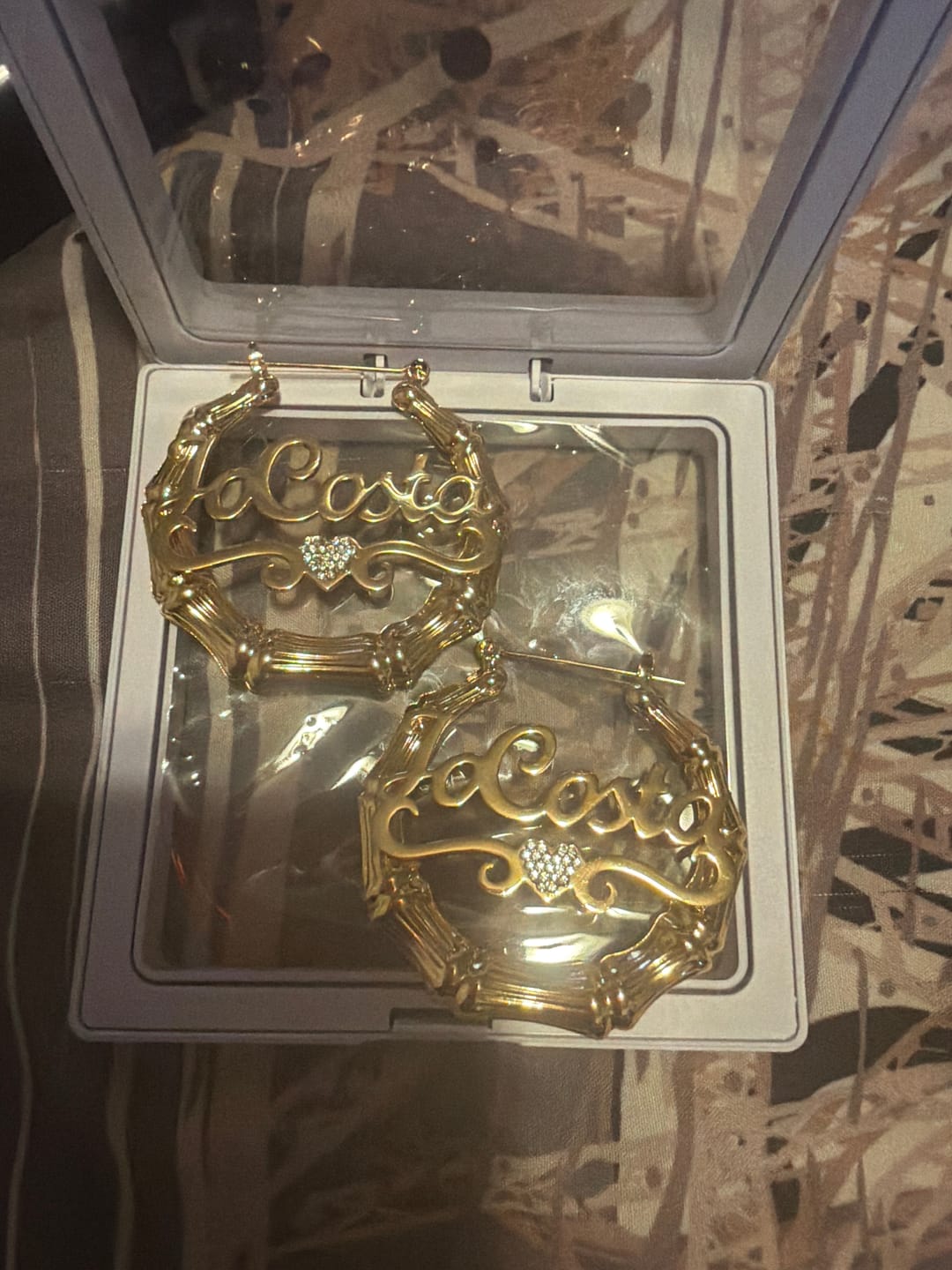 Customer photo review of Heart Name Bamboo Hoop Earrings