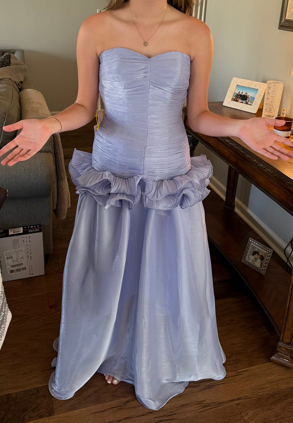 Customer photo review of Strapless Lavender Pleated Ruffle Long Dress