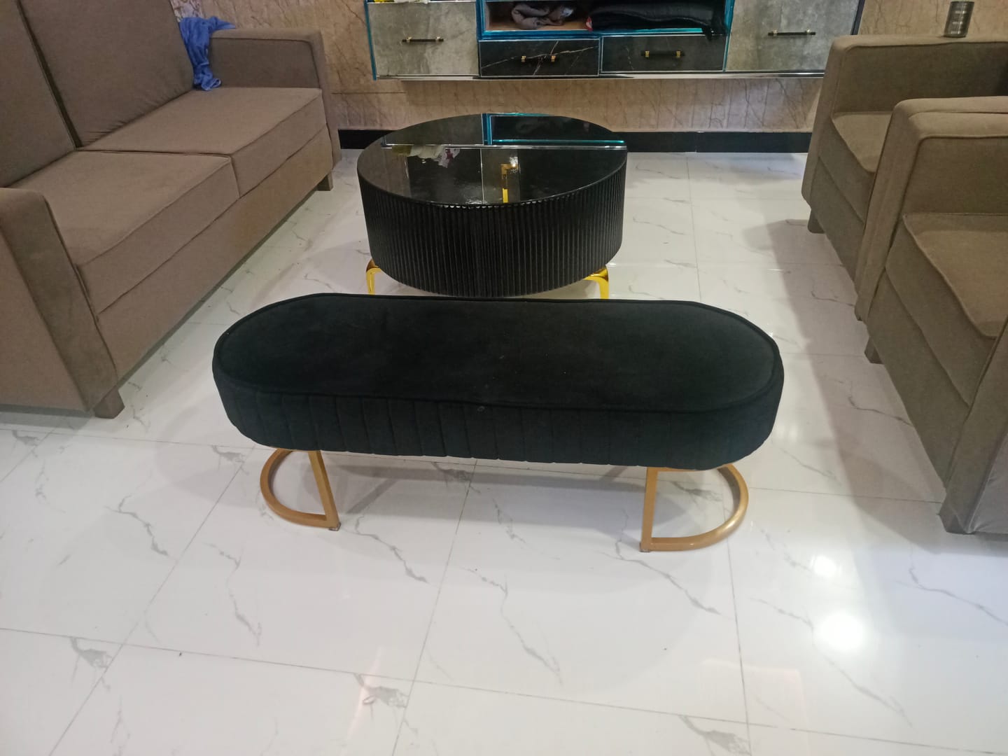 Customer photo review of 3 Seater Luxury Wooden Stool With Steel Stand -479