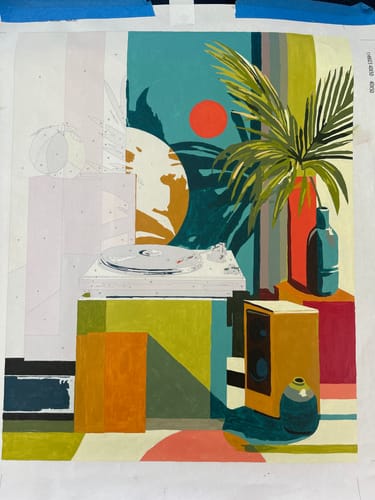 Customer's work-in-progress of the 'Audio corner' Paint by Number kit, showing the canvas partially painted with bright colors.