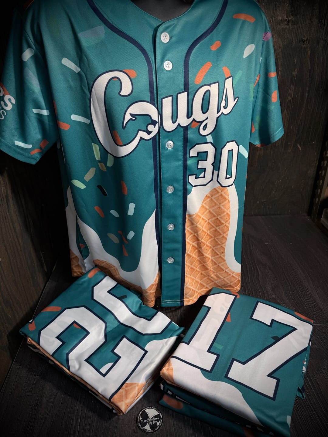 Customer photo review of Custom Kelly Green Ice Cream Cone Graffiti Pattern Fashion Authentic Baseball Jersey