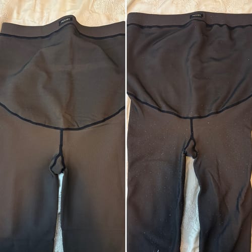 Customer's comparison of two pairs of TOAST MATERNITY tights. One pair is smooth, while the other shows heavy, visible pilling.