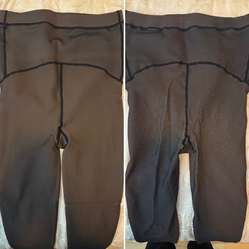 Customer's side-by-side view of two pairs of TOAST MATERNITY tights laid flat, one new and one with significant pilling.