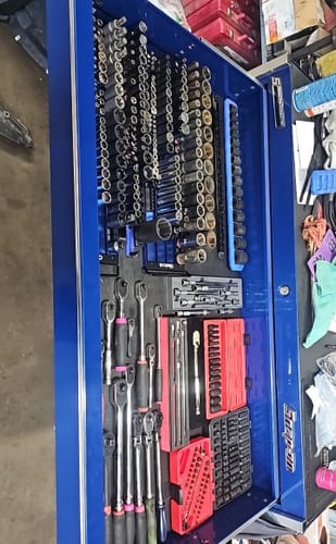 Customer's tool drawer with sockets neatly arranged on multiple Magnetic Aluminum Socket Rails.