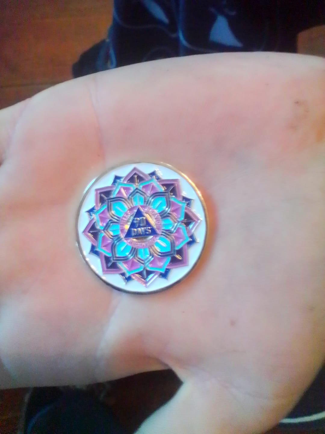 Customer photo review of 1 to 50 Year Sobriety Mint 'In Bloom' Lotus Flower Gold Plated AA Recovery Medallion/Chip/Coin - White