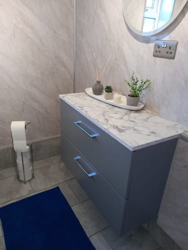 Customer photo review of Nuie Arno 800mm Wall Hung 2-Drawer Vanity & Laminate Worktop - Satin Grey