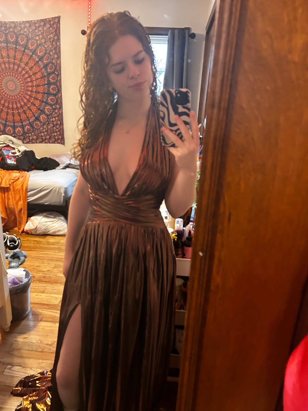 Customer photo review of Halter Metallic Pleated Long Dress with Slit
