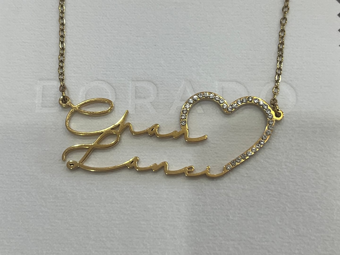 Customer photo review of Iced Heart Double Script Name Necklace