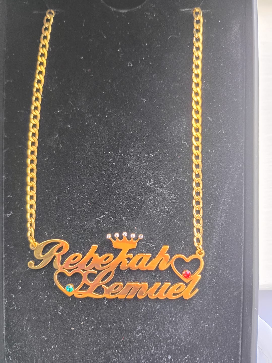 Customer photo review of Double Heart Name Necklace w/ Cuban Chain
