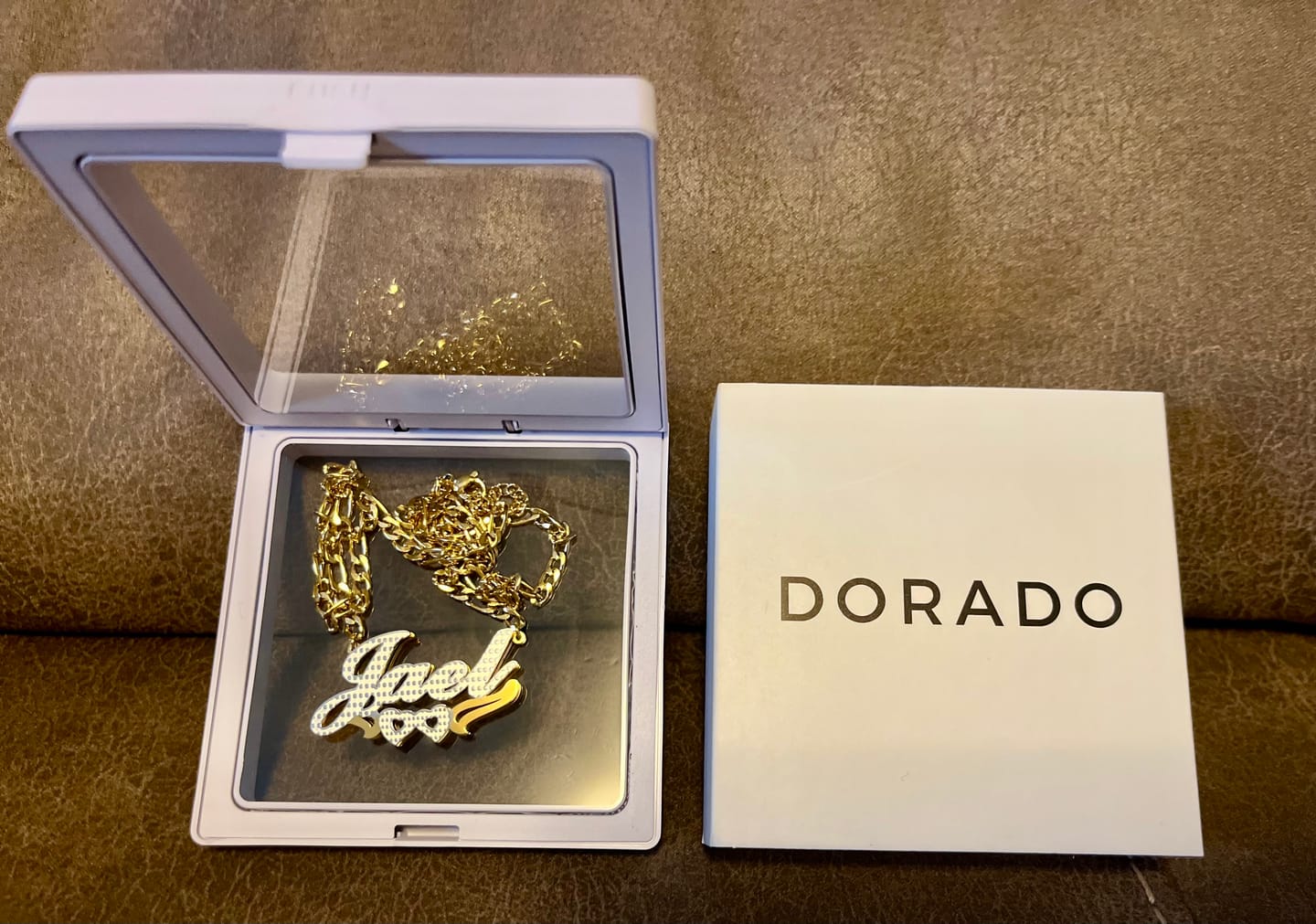 Customer photo review of Kids Double Plated Hearts Name Necklace w/ Figaro Chain