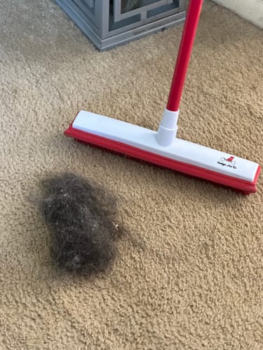 Customer's IndigoPet Hair Removal Broom next to a large pile of dark hair collected from a beige carpet.