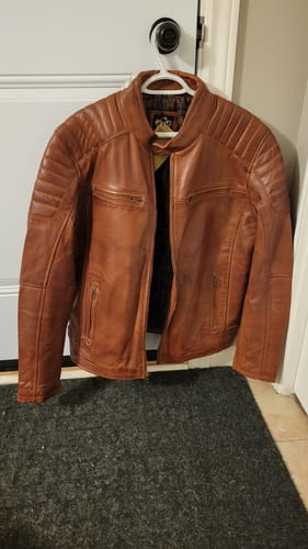 Customer photo review of Mens Cognac Brown Cafe Racer Style Leather Jacket