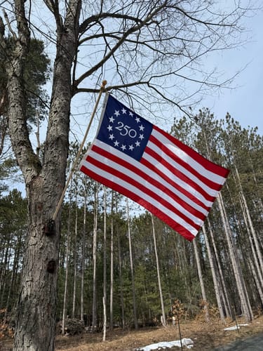 Customer's America 250™ Betsy Ross Flag flying outdoors from a pole attached to a tree.