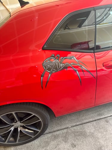 Customer's Black Widow Spider Crawling Sticker applied to the rear quarter panel of a shiny red car.