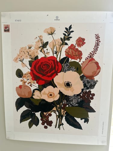 Customer's partially painted 'Beautiful bouquet of flowers' Paint by Numbers canvas, unframed on a wall.