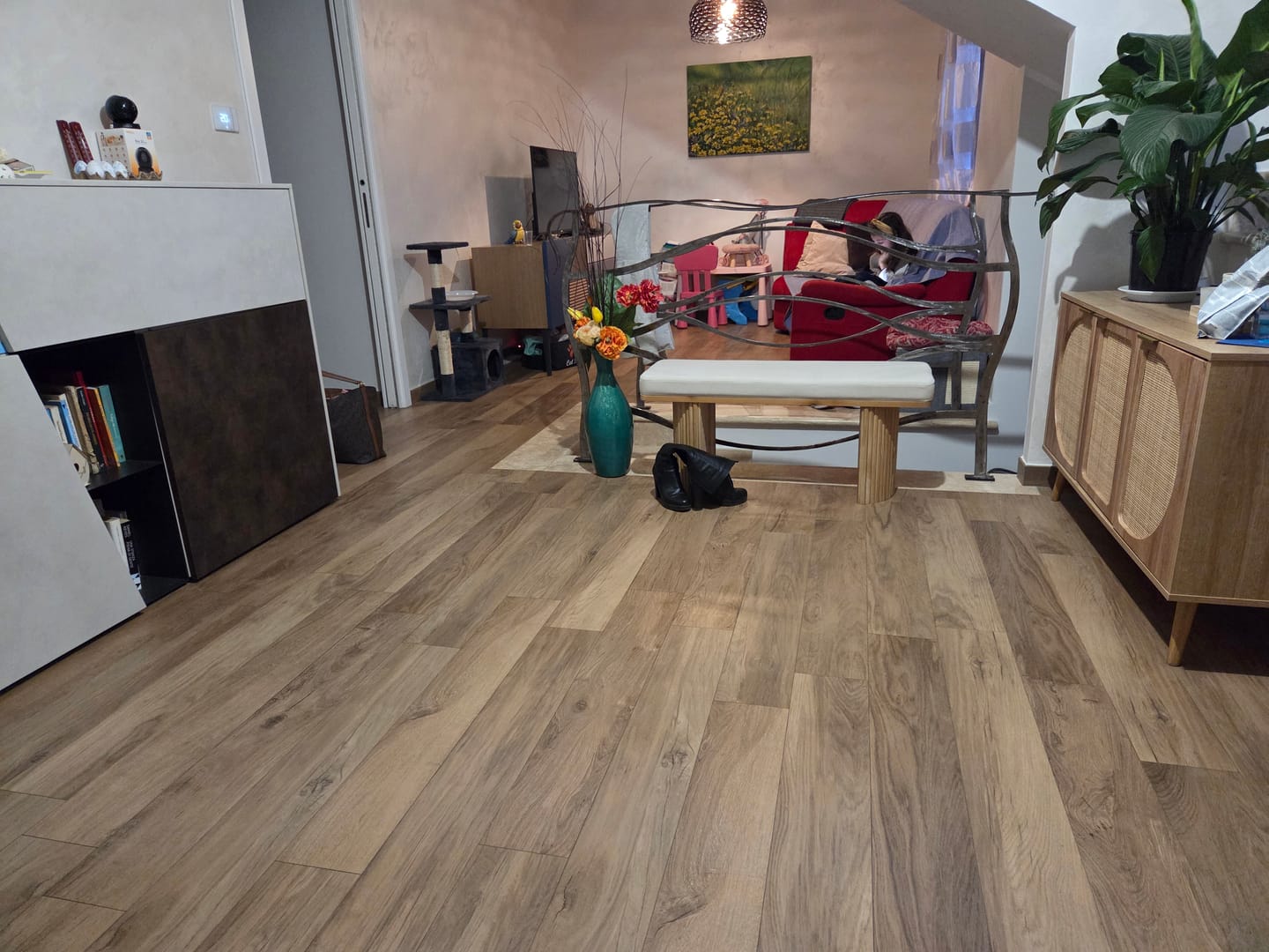 Customer photo review of PIREUS - Banc en bois massif et velours beige