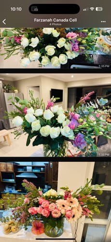 Reviewer's collage showing the large Creative Poetry flower arrangement with its pink and white roses from different angles.