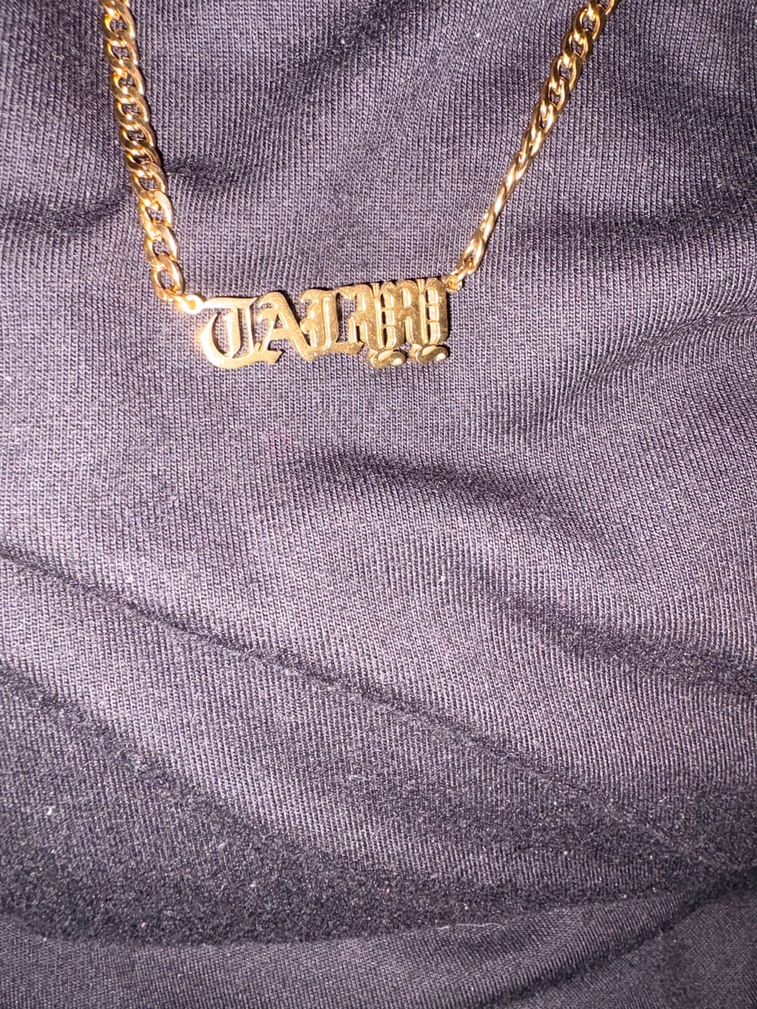 Customer photo review of Thick Gothic Nameplate Necklace w/ Cuban Chain