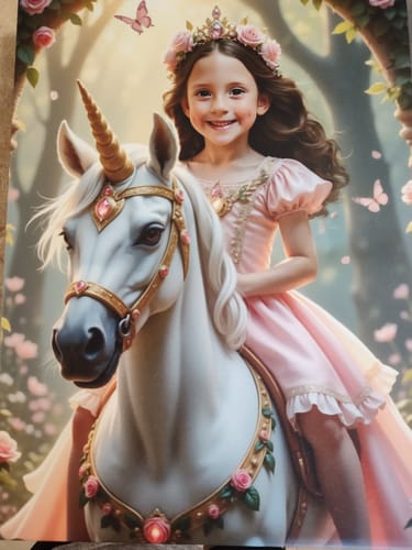 Customer's print of The Enchanted Unicorn Princess, showing a girl in a pink dress riding a white unicorn in a forest.