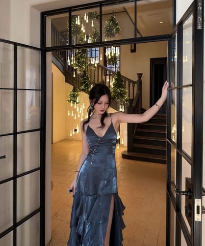 Customer photo review of Evelisse Midnight Ruffle Lace Up Back Evening Dress