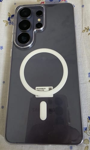 Customer's Samsung phone in the Anti Yellow Magsafe Clear Case, showing the white Magsafe ring on the back.