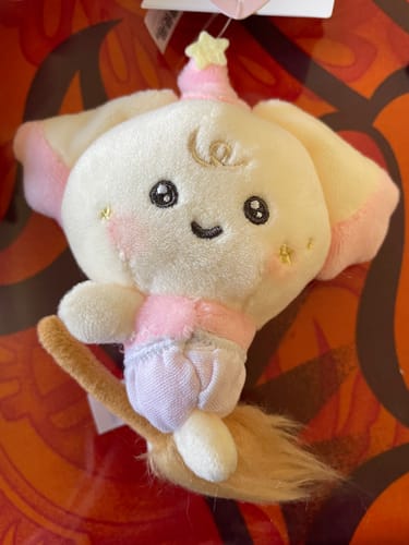 Customer's adorable DDangyo plush keychain. The cream-colored character wears a pink hat and rides a small broom.