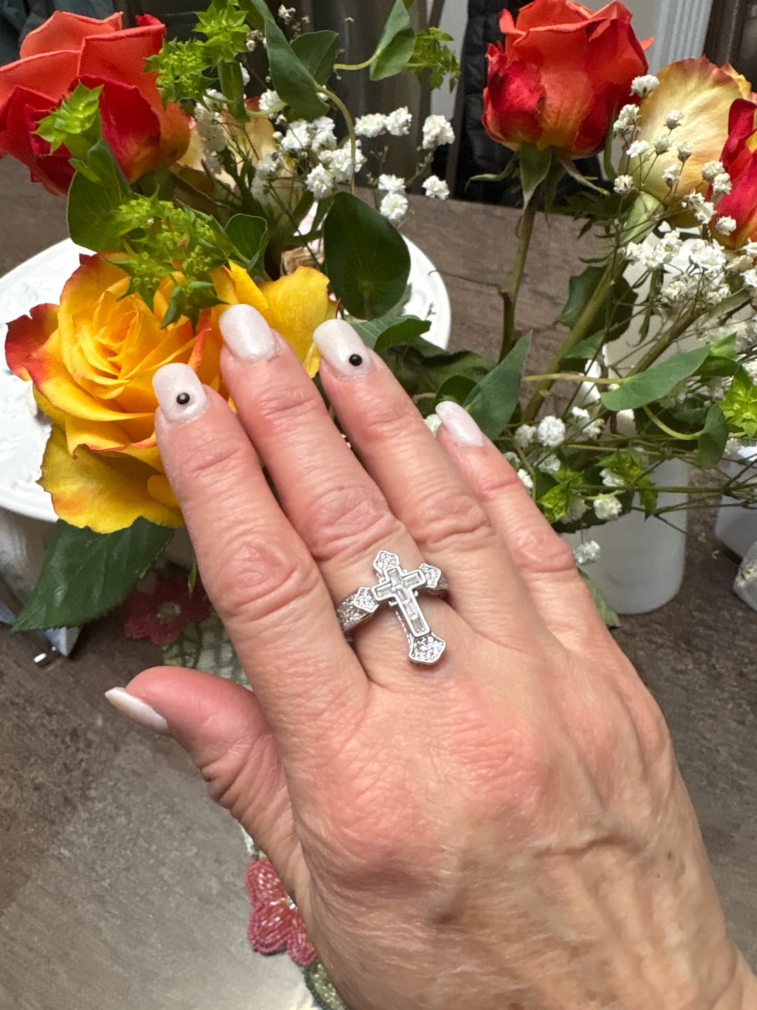 Customer photo review of Christianartworkshop Central Cross Motif Ring with Cubic Zirconia Accents: Carry His Care in Daily Wear