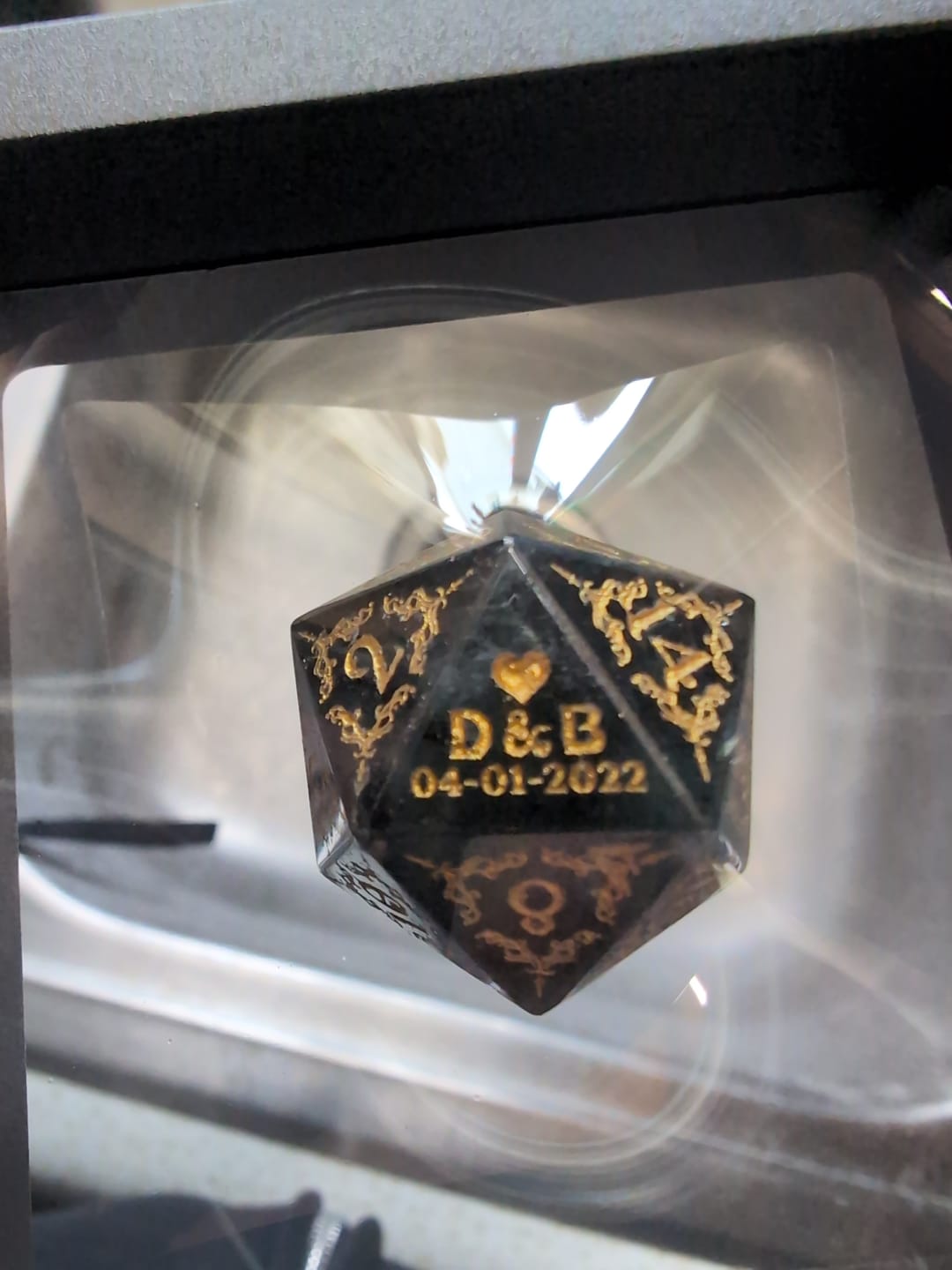 Customer photo review of Custom Anniversary D20 Dice – Personalized D&D Gift