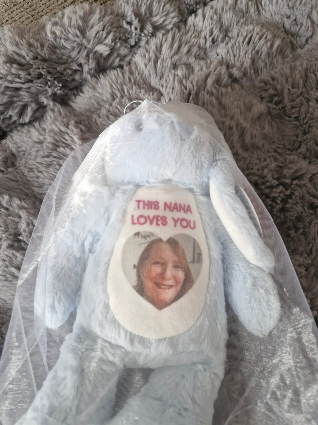 Customer photo review of Design a Personalised Blue Bunny Teddy – Add Your Photo, Name or Message
