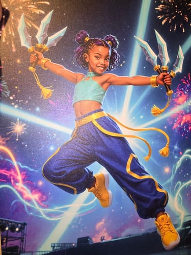 Customer's K-Pop Queen The Cosmic Teal Guardian personalized portrait, showing a girl in a dynamic pose with weapons on a colorful stage.