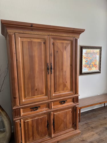 Customer's large wooden cabinet with an orange finish before applying the English Walnut gel stain.