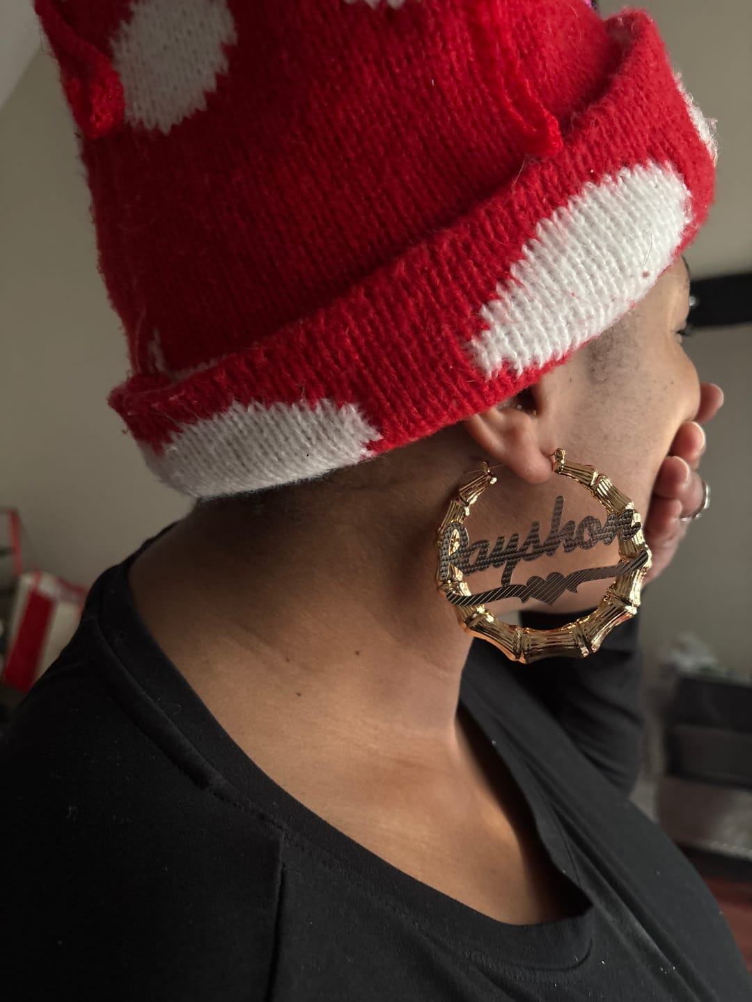 Customer photo review of Double Plated Bamboo Name Hoop Earrings