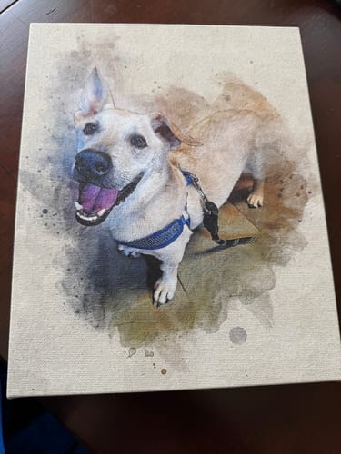Customer's Personalized photo Painting on canvas, showing a happy, light-colored dog in a watercolor style.