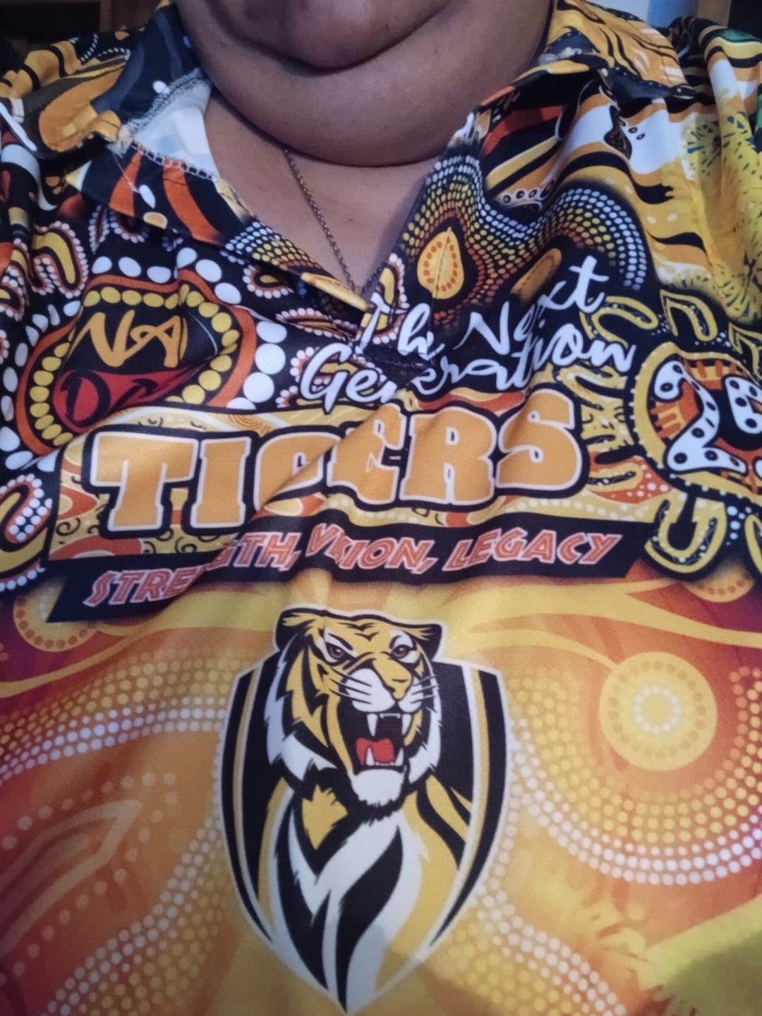 Customer photo review of Personalised NAIDOC Week 2025 Tiger Football Polo Shirt Aboriginal Dot Painting DT02