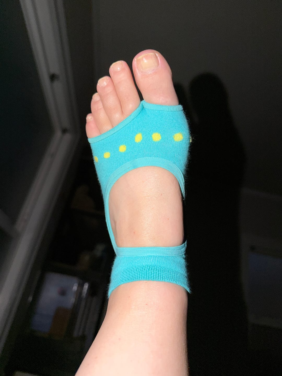 Customer photo review of Tucketts Allegro Midsummer Turquoise Pilates Socks - Non-Slip Grip, Open Toe, Barre & Yoga - Women's