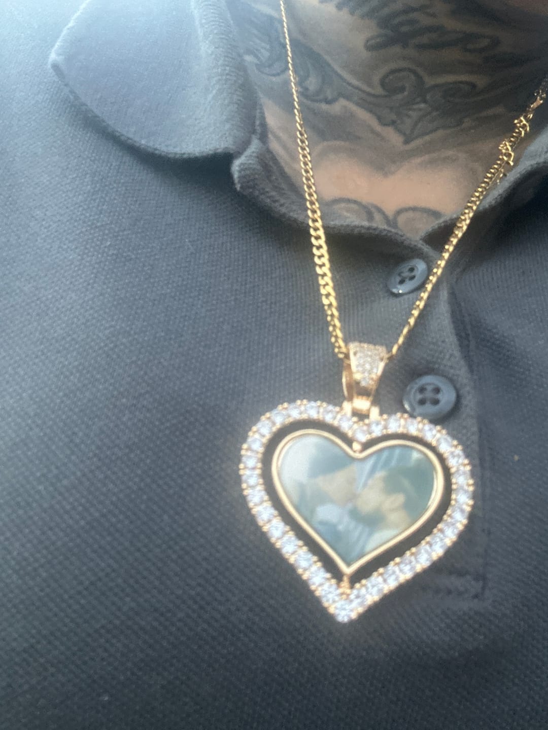 Customer photo review of Iced Heart Spinning Photo Pendant