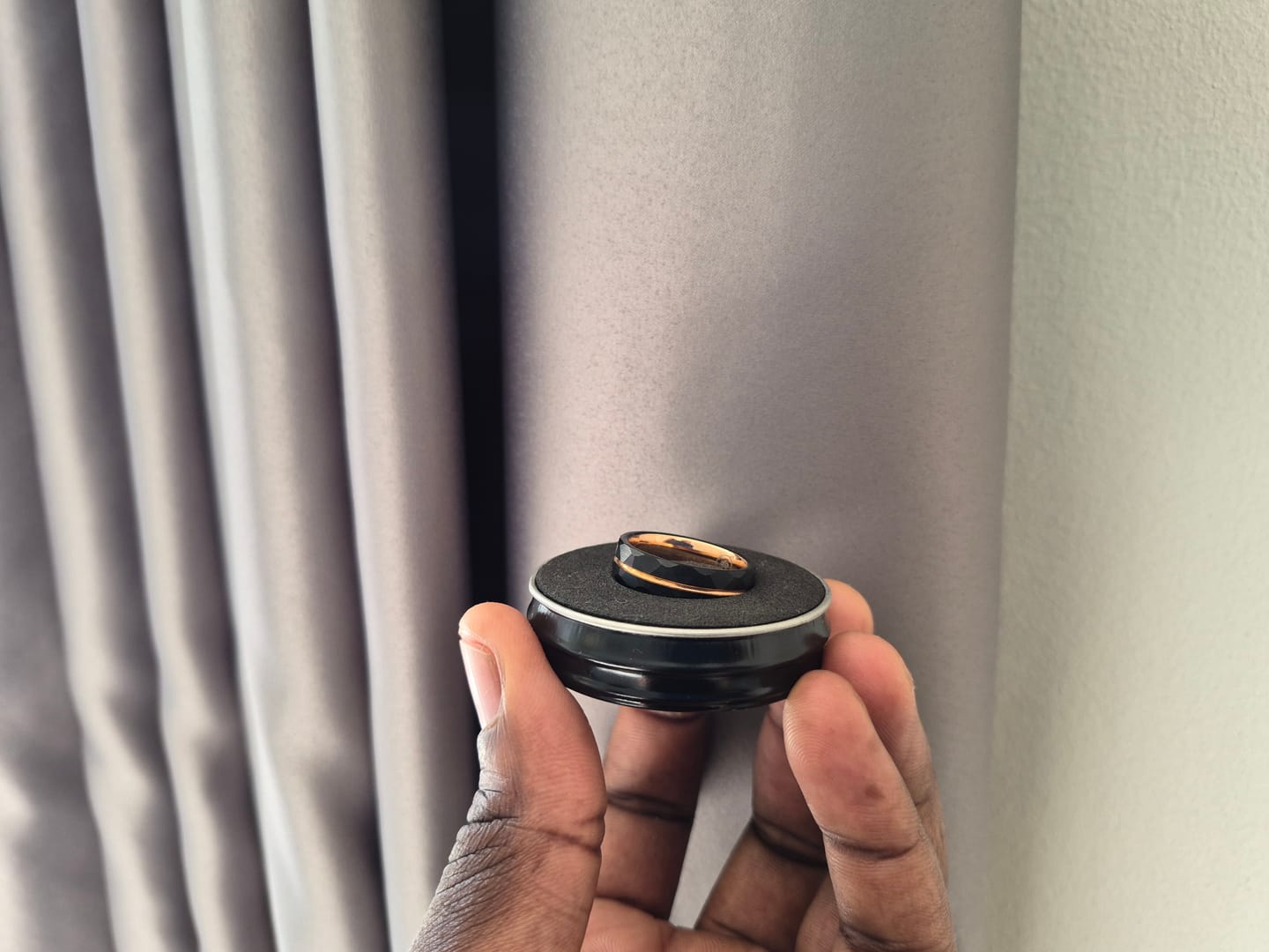 Customer photo review of The Mechanic - Black Hammered & Rose Gold Men's Tungsten Ring
