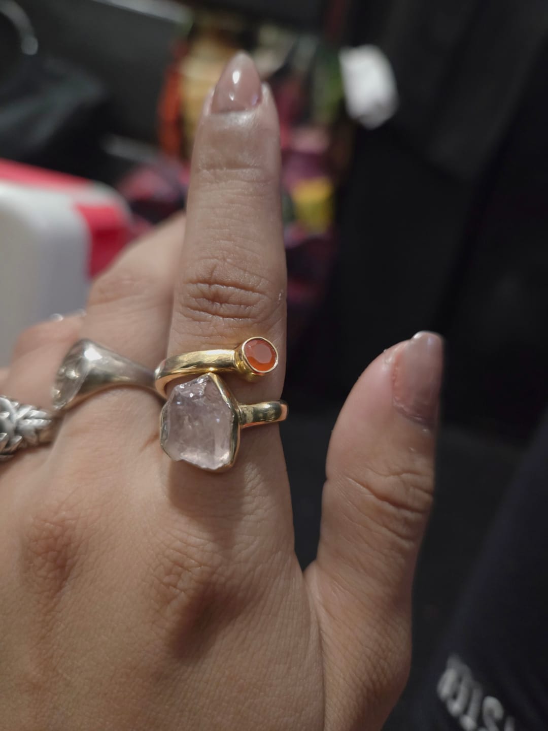 Customer photo review of Rose quartz + Carnelian combination ring