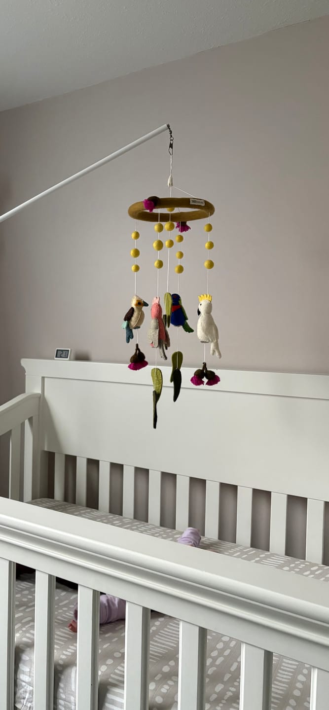 Customer photo review of Baby Cot Mobile - Australian Birds - Cockatoo, Lorikeet, Galah and Kookaburra