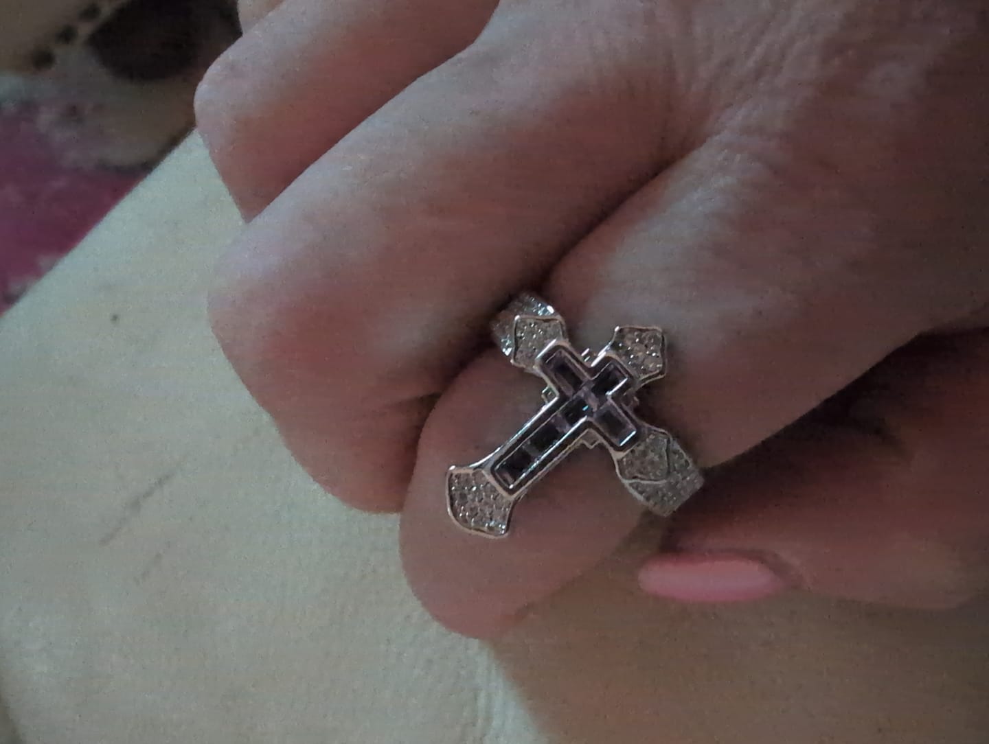 Customer photo review of Christianartworkshop Central Cross Motif Ring with Cubic Zirconia Accents: Carry His Care in Daily Wear