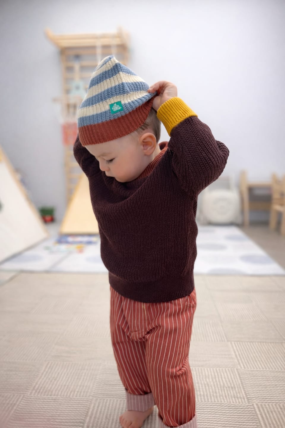 Customer photo review of Blue Striped Knitted Beanie Hat