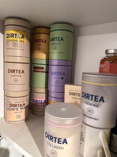 Customer's DIRTEA Lion's Mane Mushroom Powder on a shelf with their collection of other DIRTEA products.