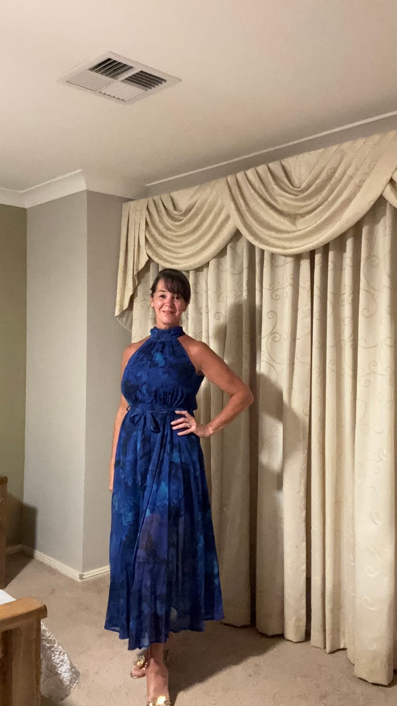 Customer photo review of Kiss Me Halter Neck Maxi Dress in Blue Watercolour Chiffon