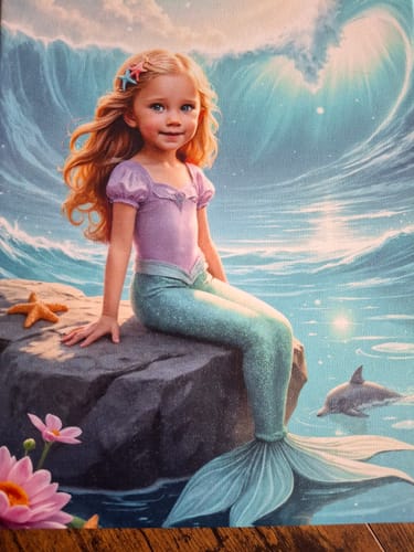 Customer's The Dolphin Princess portrait showing a girl as a mermaid on a rock, with a dolphin swimming in the bright sea.