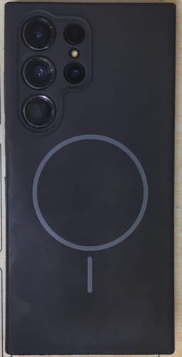 Customer's black Anti Dust Magsafe Silicone Case for Samsung S23 Ultra, showing the back with the MagSafe ring.