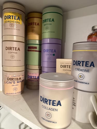 Customer's DIRTEA Coffee tin sits on a shelf as part of their collection of various other DIRTEA products.