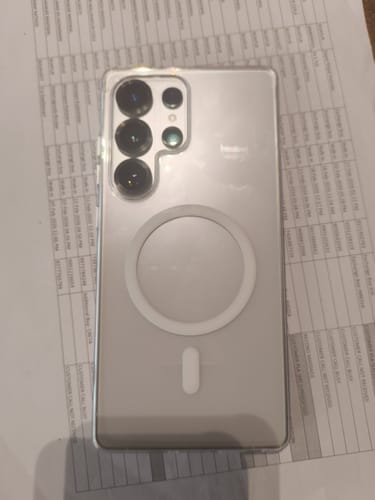 Customer's Anti Yellow Magsafe Clear Case fitted on the back of a Samsung Galaxy S25 Ultra, showing the magnet.